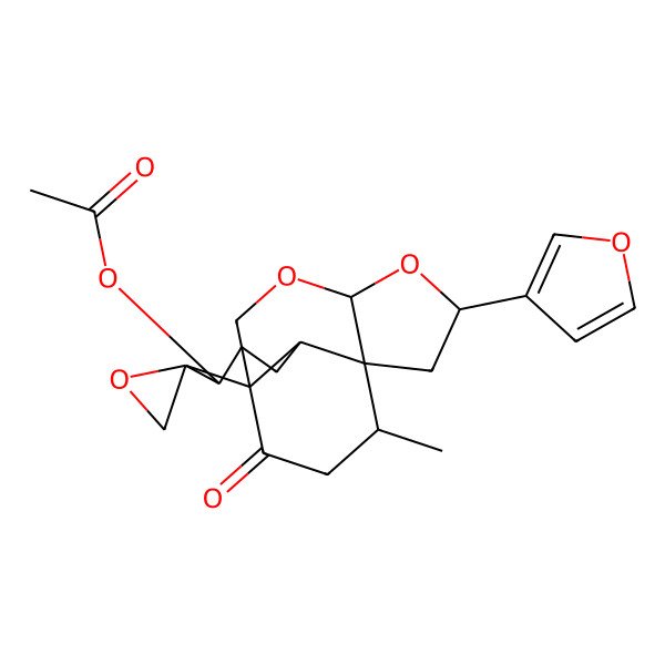 2D Structure of [6-(Furan-3-yl)-16-methyl-14-oxospiro[3,5-dioxatetracyclo[6.5.3.01,9.04,8]hexadecane-13,2'-oxirane]-12-yl] acetate