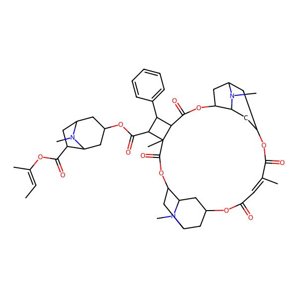 2D Structure of [(1R,3S,5R,6S)-6-[(Z)-but-2-en-2-yl]oxycarbonyl-8-methyl-8-azabicyclo[3.2.1]octan-3-yl] (1S,3S,6R,7S,8S,9R,12R,14R,16S,18S,21Z,25S,27R)-6,15,21,28-tetramethyl-5,10,20,23-tetraoxo-8-phenyl-4,11,19,24-tetraoxa-15,28-diazahexacyclo[23.3.1.114,18.03,27.06,9.012,16]triacont-21-ene-7-carboxylate