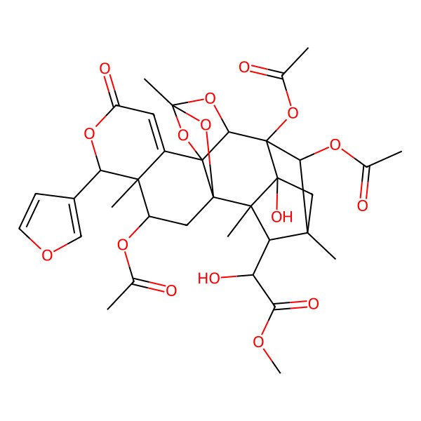 2D Structure of methyl (2S)-2-hydroxy-2-[(1R,3R,4R,5R,10S,12R,14R,15R,16S,18S,19R,20S,22R)-3,15,22-triacetyloxy-5-(furan-3-yl)-16-hydroxy-4,12,18,20-tetramethyl-7-oxo-6,11,13,21-tetraoxaheptacyclo[10.8.1.115,18.01,10.04,9.010,14.016,20]docos-8-en-19-yl]acetate
