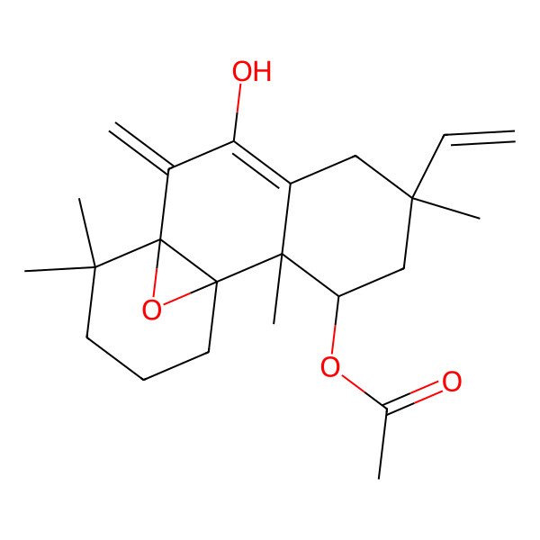 2D Structure of (5-Ethenyl-8-hydroxy-2,5,11,11-tetramethyl-9-methylidene-15-oxatetracyclo[8.4.1.01,10.02,7]pentadec-7-en-3-yl) acetate