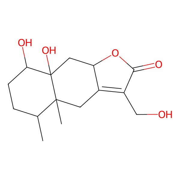 2D Structure of 8,8a-dihydroxy-3-(hydroxymethyl)-4a,5-dimethyl-5,6,7,8,9,9a-hexahydro-4H-benzo[f][1]benzofuran-2-one