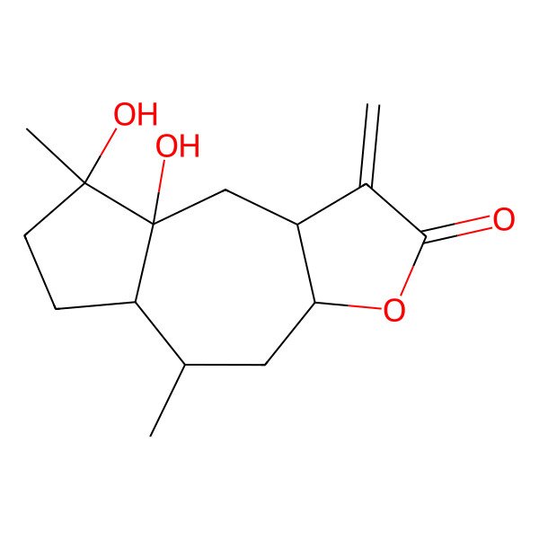 2D Structure of 8,8a-Dihydroxy-5,8-dimethyl-1-methylidene-3a,4,5,5a,6,7,9,9a-octahydroazuleno[6,5-b]furan-2-one