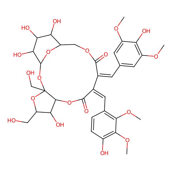 2D Structure of (1R,3S,5R,6R,7S,10E,11E,15R,16S,17S,18R)-6,16,17,18-tetrahydroxy-10-[(4-hydroxy-2,3-dimethoxyphenyl)methylidene]-11-[(4-hydroxy-3,5-dimethoxyphenyl)methylidene]-3,5-bis(hydroxymethyl)-2,4,8,13,19-pentaoxatricyclo[13.3.1.03,7]nonadecane-9,12-dione