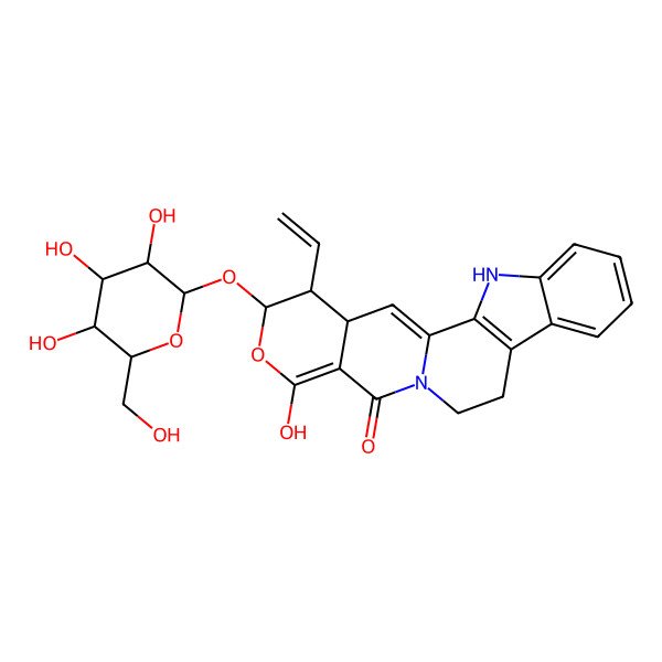 2D Structure of (18R,19S,20S)-19-ethenyl-16-hydroxy-18-[(2S,3R,4S,5R,6R)-3,4,5-trihydroxy-6-(hydroxymethyl)oxan-2-yl]oxy-17-oxa-3,13-diazapentacyclo[11.8.0.02,10.04,9.015,20]henicosa-1(21),2(10),4,6,8,15-hexaen-14-one