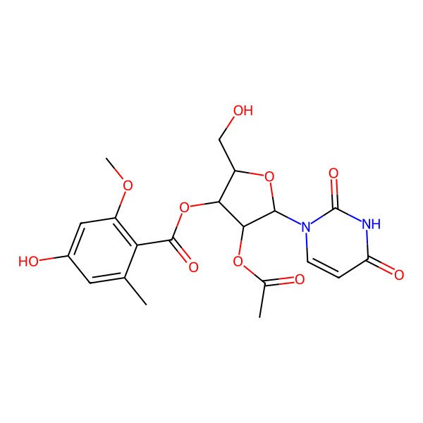 2D Structure of [4-Acetyloxy-5-(2,4-dioxopyrimidin-1-yl)-2-(hydroxymethyl)oxolan-3-yl] 4-hydroxy-2-methoxy-6-methylbenzoate