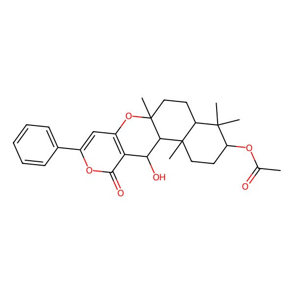 2D Structure of (18-Hydroxy-2,6,6,10-tetramethyl-16-oxo-14-phenyl-11,15-dioxatetracyclo[8.8.0.02,7.012,17]octadeca-12(17),13-dien-5-yl) acetate