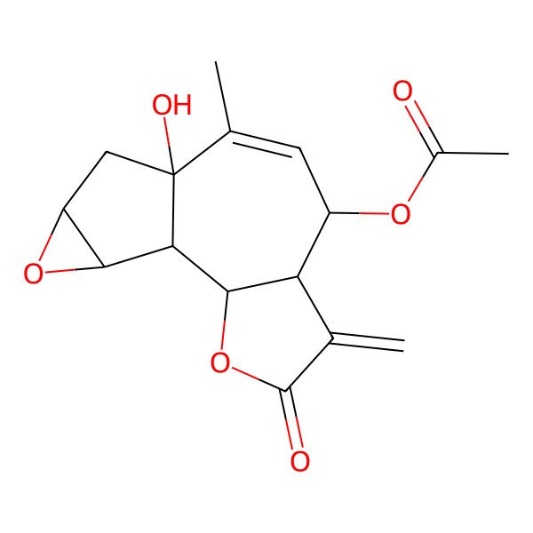 2D Structure of (10-Hydroxy-9-methyl-5-methylidene-4-oxo-3,13-dioxatetracyclo[8.4.0.02,6.012,14]tetradec-8-en-7-yl) acetate