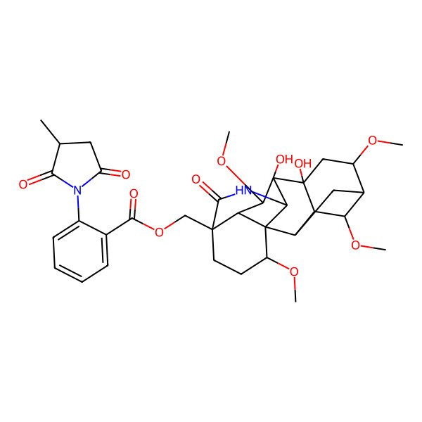 2D Structure of [(1S,2R,3R,4S,5R,6S,8R,9S,10S,13R,16S,17S,18S)-8,9-dihydroxy-4,6,16,18-tetramethoxy-12-oxo-11-azahexacyclo[7.7.2.12,5.01,10.03,8.013,17]nonadecan-13-yl]methyl 2-[(3S)-3-methyl-2,5-dioxopyrrolidin-1-yl]benzoate
