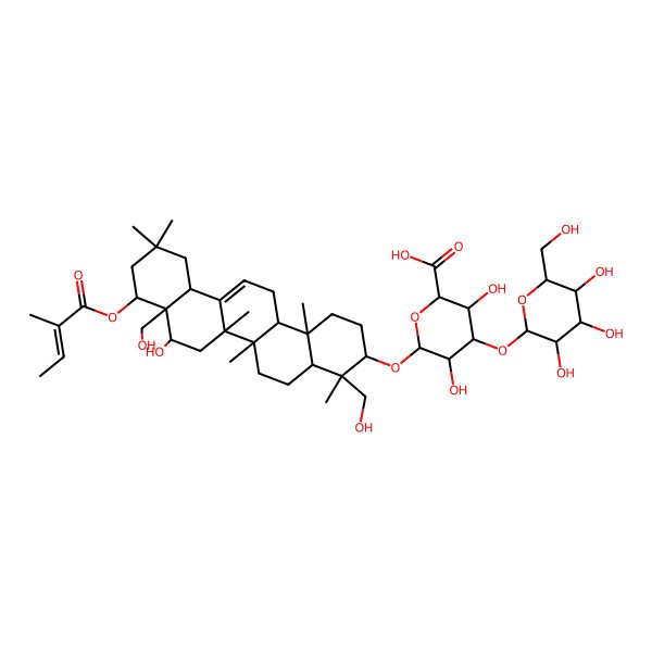 2D Structure of 3,5-Dihydroxy-6-[[8-hydroxy-4,8a-bis(hydroxymethyl)-4,6a,6b,11,11,14b-hexamethyl-9-(2-methylbut-2-enoyloxy)-1,2,3,4a,5,6,7,8,9,10,12,12a,14,14a-tetradecahydropicen-3-yl]oxy]-4-[3,4,5-trihydroxy-6-(hydroxymethyl)oxan-2-yl]oxyoxane-2-carboxylic acid