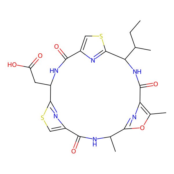 2D Structure of 2-(11-Butan-2-yl-4,7-dimethyl-2,9,16-trioxo-6-oxa-13,20-dithia-3,10,17,22,23,24-hexazatetracyclo[17.2.1.15,8.112,15]tetracosa-1(21),5(24),7,12(23),14,19(22)-hexaen-18-yl)acetic acid