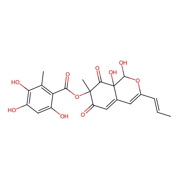 2D Structure of (1,8a-dihydroxy-7-methyl-6,8-dioxo-3-prop-1-enyl-1H-isochromen-7-yl) 3,4,6-trihydroxy-2-methylbenzoate