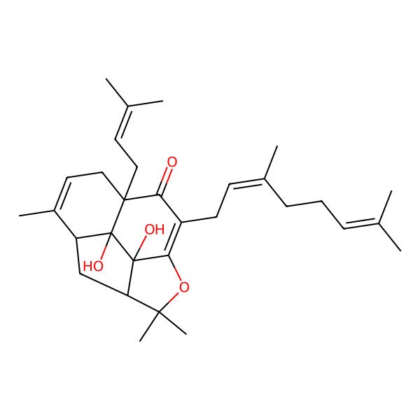 2D Structure of (1S,7R,11S,12R,13R)-5-[(2E)-3,7-dimethylocta-2,6-dienyl]-12,13-dihydroxy-2,2,10-trimethyl-7-(3-methylbut-2-enyl)-3-oxatetracyclo[9.2.1.04,13.07,12]tetradeca-4,9-dien-6-one
