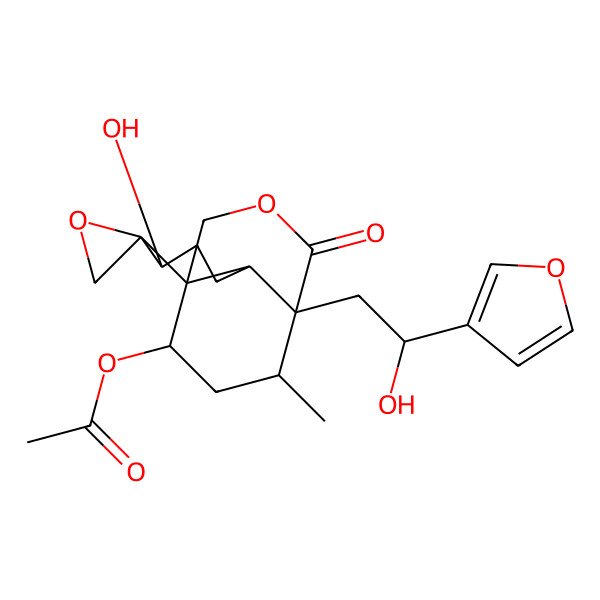 2D Structure of [7-[2-(Furan-3-yl)-2-hydroxyethyl]-3-hydroxy-13-methyl-8-oxospiro[9-oxatricyclo[5.3.3.01,6]tridecane-2,2'-oxirane]-11-yl] acetate