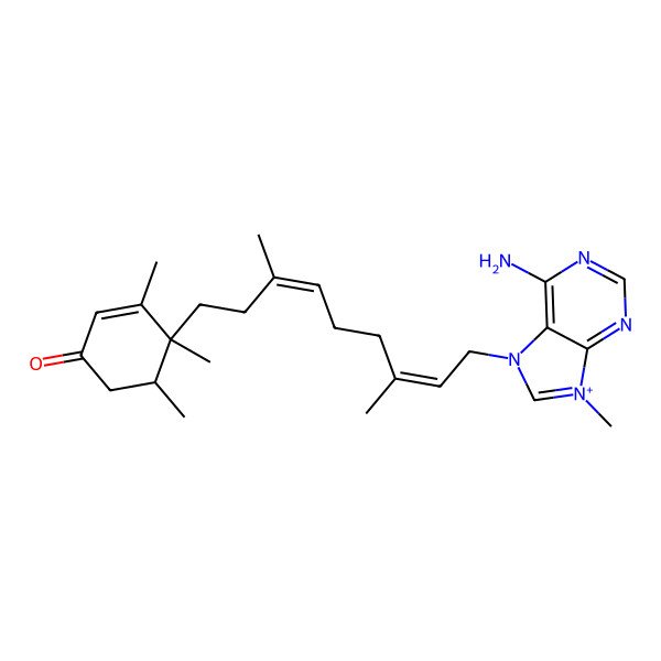 2D Structure of (4R,5S)-4-[(7E)-9-(6-amino-9-methylpurin-9-ium-7-yl)-3,7-dimethylnona-3,7-dienyl]-3,4,5-trimethylcyclohex-2-en-1-one