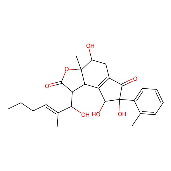 2D Structure of 4,7,8-trihydroxy-1-(1-hydroxy-2-methylhex-2-enyl)-3a-methyl-7-(2-methylphenyl)-4,5,8,8b-tetrahydro-1H-cyclopenta[e][1]benzofuran-2,6-dione