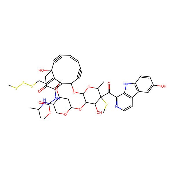 2D Structure of methyl N-[1-hydroxy-8-[4-hydroxy-5-(6-hydroxy-9H-pyrido[3,4-b]indole-1-carbonyl)-3-[4-methoxy-5-(propan-2-ylamino)oxan-2-yl]oxy-6-methyl-5-methylsulfanyloxan-2-yl]oxy-13-[2-(methyltrisulfanyl)ethylidene]-11-oxo-10-bicyclo[7.3.1]trideca-4,9-dien-2,6-diynyl]carbamate