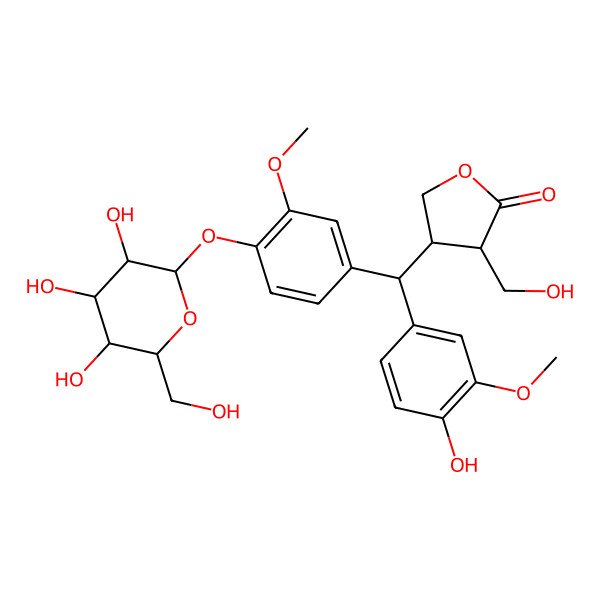 2D Structure of (3S,4S)-4-[(S)-(4-hydroxy-3-methoxyphenyl)-[3-methoxy-4-[(2S,3R,4S,5S,6R)-3,4,5-trihydroxy-6-(hydroxymethyl)oxan-2-yl]oxyphenyl]methyl]-3-(hydroxymethyl)oxolan-2-one