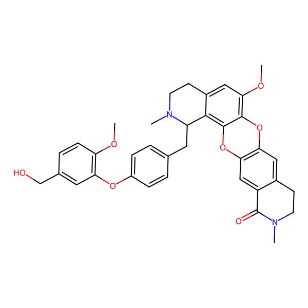2D Structure of (5S)-5-[[4-[5-(hydroxymethyl)-2-methoxyphenoxy]phenyl]methyl]-11-methoxy-6,19-dimethyl-2,13-dioxa-6,19-diazapentacyclo[12.8.0.03,12.04,9.016,21]docosa-1(14),3,9,11,15,21-hexaen-20-one