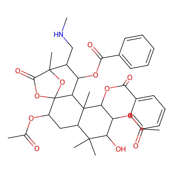 2D Structure of [2,7-Diacetyloxy-8-benzoyloxy-6-hydroxy-5,5,9,13-tetramethyl-12-(methylaminomethyl)-14-oxo-15,16-dioxatetracyclo[11.2.1.01,10.04,9]hexadecan-11-yl] benzoate
