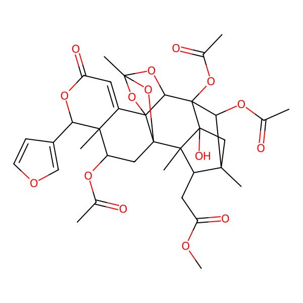 2D Structure of methyl 2-[(1S,3S,4S,5S,10R,12S,14S,15S,16R,18R,19S,20R,22S)-3,15,22-triacetyloxy-5-(furan-3-yl)-16-hydroxy-4,12,18,20-tetramethyl-7-oxo-6,11,13,21-tetraoxaheptacyclo[10.8.1.115,18.01,10.04,9.010,14.016,20]docos-8-en-19-yl]acetate