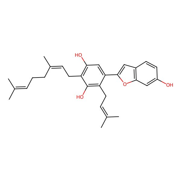 2D Structure of 2-(3,7-Dimethylocta-2,6-dienyl)-5-(6-hydroxy-1-benzofuran-2-yl)-4-(3-methylbut-2-enyl)benzene-1,3-diol 2D Structure of 2-(3,7-Dimethylocta-2,6-dienyl)-5-(6-hydroxy-1-benzofuran-2-yl)-4-(3-methylbut-2-enyl)benzene-1,3-diol