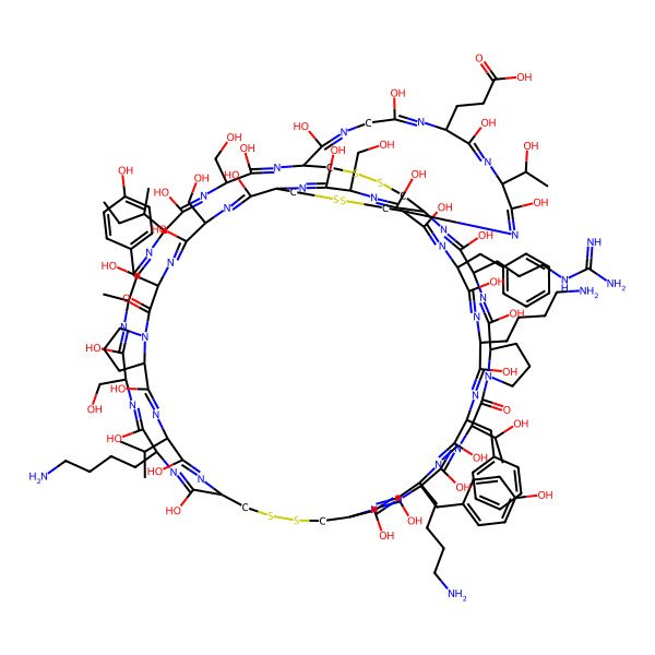2D Structure of 3-[(1R,4S,7S,13S,16S,19R,22S,25S,28S,31S,34R,37S,40S,46R,49S,52S,55S,58S,61S,64R,67S,70S,76S,79S,82R,85S)-22,28,61-tris(4-aminobutyl)-25,31-dibenzyl-52-[(2S)-butan-2-yl]-4-(3-carbamimidamidopropyl)-3,6,15,18,21,24,27,30,33,36,39,42,45,48,51,54,57,60,63,66,69,78,81,84,87-pentacosahydroxy-13,37-bis[(1R)-1-hydroxyethyl]-49,58,79,85-tetrakis(hydroxymethyl)-16,76-bis[(4-hydroxyphenyl)methyl]-55-methyl-12,75-dioxo-67-propan-2-yl-89,90,93,94,97,98-hexathia-2,5,11,14,17,20,23,26,29,32,35,38,41,44,47,50,53,56,59,62,65,68,74,77,80,83,86-heptacosazahexacyclo[44.41.4.419,64.434,82.07,11.070,74]nonanonaconta-2,5,14,17,20,23,26,29,32,35,38,41,44,47,50,53,56,59,62,65,68,77,80,83,86-pentacosaen-40-yl]propanoic acid