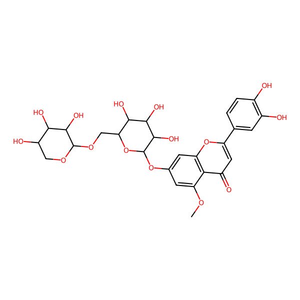 2D Structure of 2-(3,4-dihydroxyphenyl)-5-methoxy-7-[(2S,3S,4S,5S,6R)-3,4,5-trihydroxy-6-[[(2S,3S,4S,5R)-3,4,5-trihydroxyoxan-2-yl]oxymethyl]oxan-2-yl]oxychromen-4-one