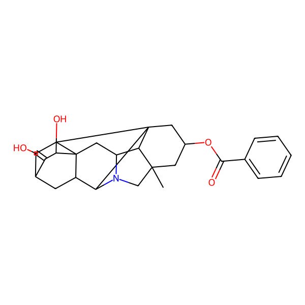 2D Structure of (13,19-Dihydroxy-5-methyl-12-methylidene-7-azaheptacyclo[9.6.2.01,8.05,17.07,16.09,14.014,18]nonadecan-3-yl) benzoate