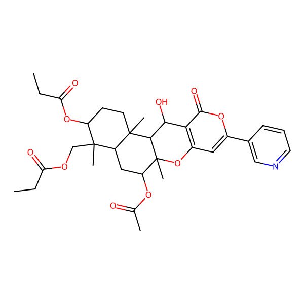 2D Structure of (9-Acetyloxy-18-hydroxy-2,6,10-trimethyl-16-oxo-5-propanoyloxy-14-pyridin-3-yl-11,15-dioxatetracyclo[8.8.0.02,7.012,17]octadeca-12(17),13-dien-6-yl)methyl propanoate