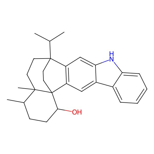 2D Structure of 18,19-Dimethyl-15-propan-2-yl-11-azahexacyclo[13.7.2.01,18.02,14.04,12.05,10]tetracosa-2(14),3,5,7,9,12-hexaen-22-ol