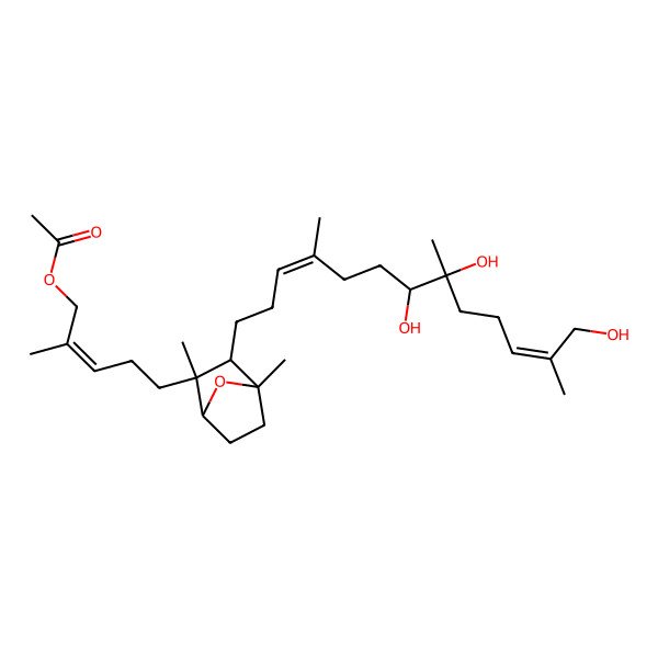 2D Structure of [(E)-5-[(1R,2R,3R,4S)-2,4-dimethyl-3-[(3E,7R,8R,11E)-7,8,13-trihydroxy-4,8,12-trimethyltrideca-3,11-dienyl]-7-oxabicyclo[2.2.1]heptan-2-yl]-2-methylpent-2-enyl] acetate