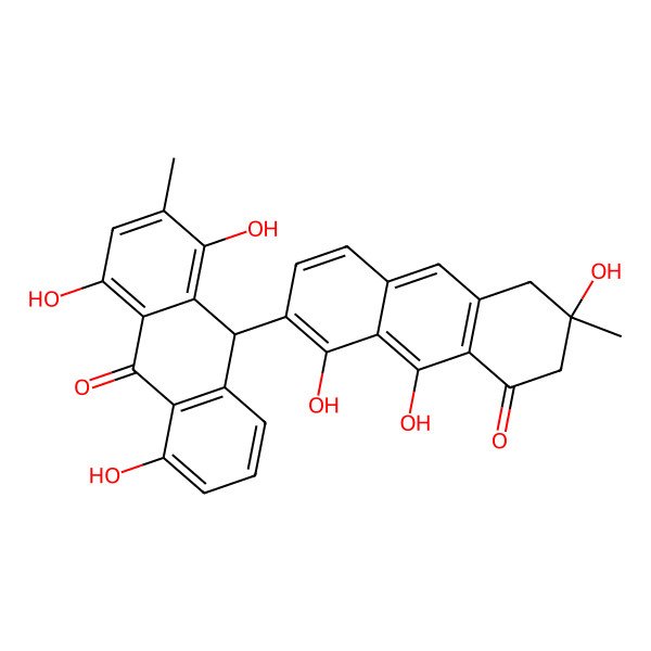 2D Structure of (10S)-1,4,8-trihydroxy-3-methyl-10-[(6S)-1,6,9-trihydroxy-6-methyl-8-oxo-5,7-dihydroanthracen-2-yl]-10H-anthracen-9-one