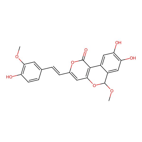 2D Structure of 8,9-dihydroxy-3-[2-(4-hydroxy-3-methoxyphenyl)ethenyl]-6-methoxy-6H-pyrano[4,3-c]isochromen-1-one
