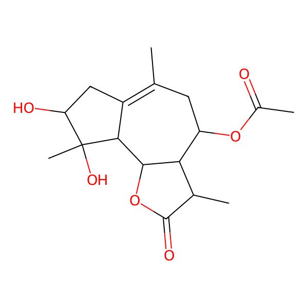 2D Structure of (8,9-Dihydroxy-3,6,9-trimethyl-2-oxo-3,3a,4,5,7,8,9a,9b-octahydroazuleno[4,5-b]furan-4-yl) acetate