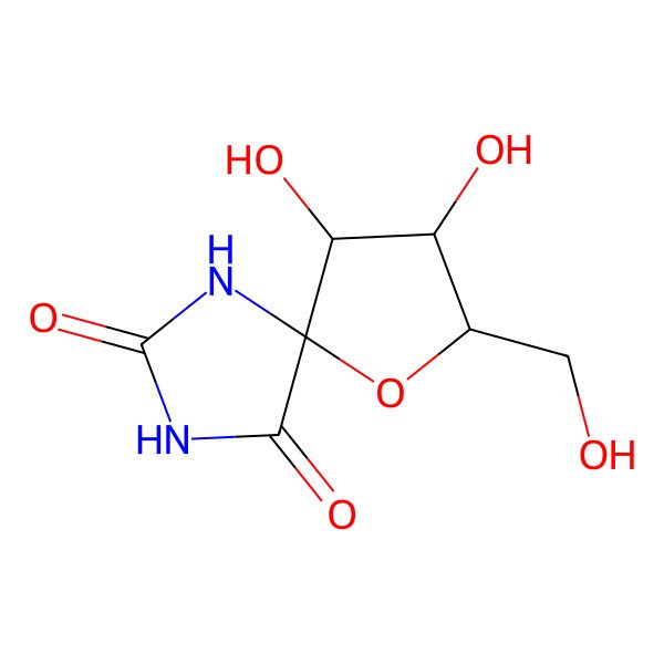 2D Structure of 8,9-Dihydroxy-7-(hydroxymethyl)-6-oxa-1,3-diazaspiro[4.4]nonane-2,4-dione
