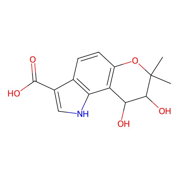 2D Structure of 8,9-dihydroxy-7,7-dimethyl-8,9-dihydro-1H-pyrano[2,3-g]indole-3-carboxylic acid