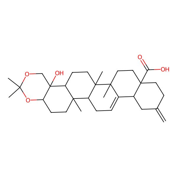 2D Structure of 10-Hydroxy-2,7,7,14,15-pentamethyl-21-methylidene-6,8-dioxahexacyclo[12.12.0.02,11.05,10.015,24.018,23]hexacos-24-ene-18-carboxylic acid