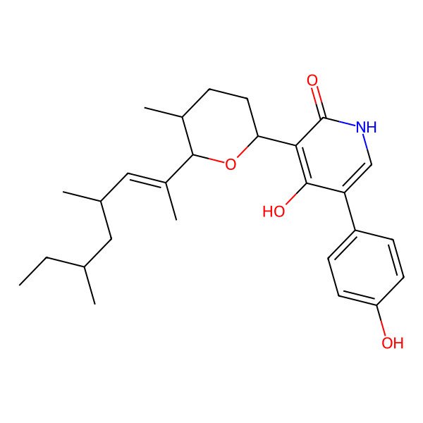 2D Structure of 3-[(2S,5R,6R)-6-[(E,4R,6S)-4,6-dimethyloct-2-en-2-yl]-5-methyloxan-2-yl]-4-hydroxy-5-(4-hydroxyphenyl)-1H-pyridin-2-one