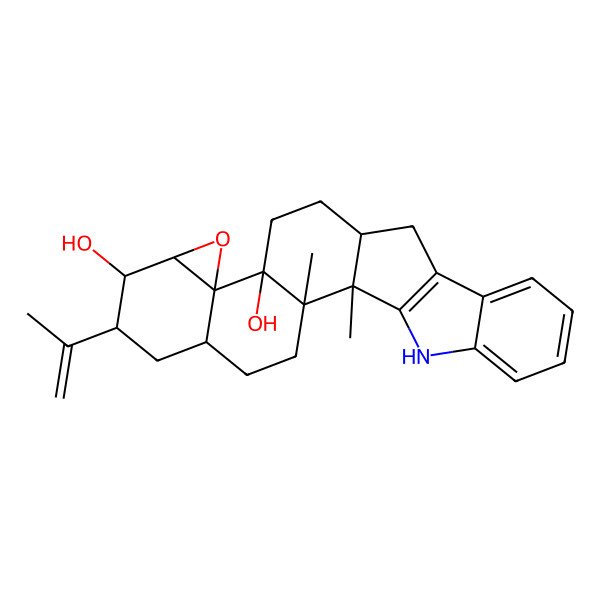2D Structure of 1,2-Dimethyl-7-prop-1-en-2-yl-10-oxa-24-azaheptacyclo[13.10.0.02,12.05,11.09,11.017,25.018,23]pentacosa-17(25),18,20,22-tetraene-8,12-diol