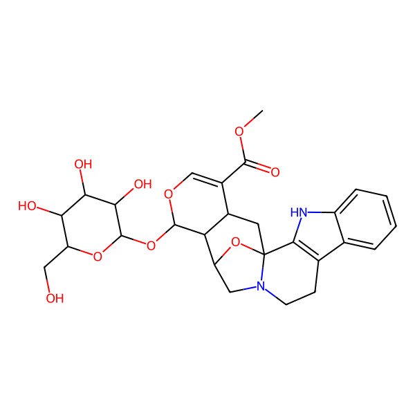 2D Structure of methyl (1S,15S,16S,17S,21S)-17-[3,4,5-trihydroxy-6-(hydroxymethyl)oxan-2-yl]oxy-18,23-dioxa-3,13-diazahexacyclo[13.7.1.01,13.02,10.04,9.016,21]tricosa-2(10),4,6,8,19-pentaene-20-carboxylate