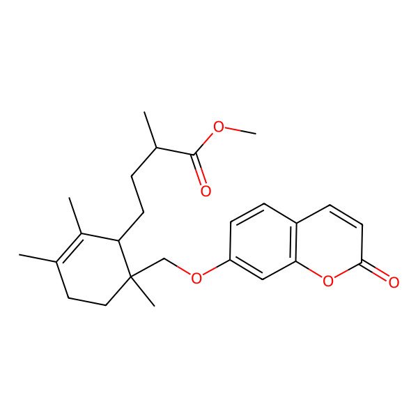 2D Structure of methyl (2R)-2-methyl-4-[(1R,6R)-2,3,6-trimethyl-6-[(2-oxochromen-7-yl)oxymethyl]cyclohex-2-en-1-yl]butanoate