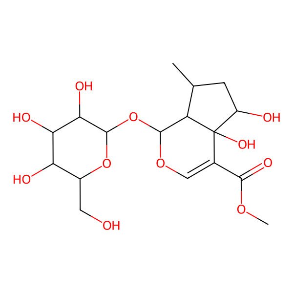 2D Structure of methyl (1S,4aR,5R,7R,7aR)-4a,5-dihydroxy-7-methyl-1-[(2S,3S,4S,5S,6R)-3,4,5-trihydroxy-6-(hydroxymethyl)oxan-2-yl]oxy-5,6,7,7a-tetrahydro-1H-cyclopenta[c]pyran-4-carboxylate