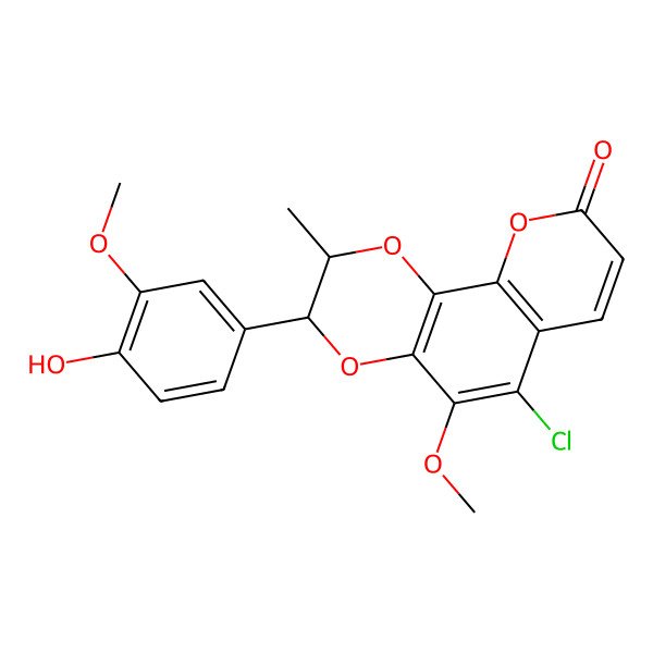 2D Structure of (2R,3S)-6-chloro-3-(4-hydroxy-3-methoxyphenyl)-5-methoxy-2-methyl-2,3-dihydropyrano[3,2-h][1,4]benzodioxin-9-one