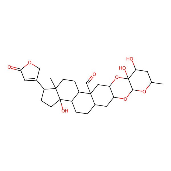 2D Structure of (1S,3R,5S,7R,9R,10S,12R,14R,15S,18R,19R,22R,23R)-9,10,22-trihydroxy-7,18-dimethyl-19-(5-oxo-2H-furan-3-yl)-4,6,11-trioxahexacyclo[12.11.0.03,12.05,10.015,23.018,22]pentacosane-14-carbaldehyde