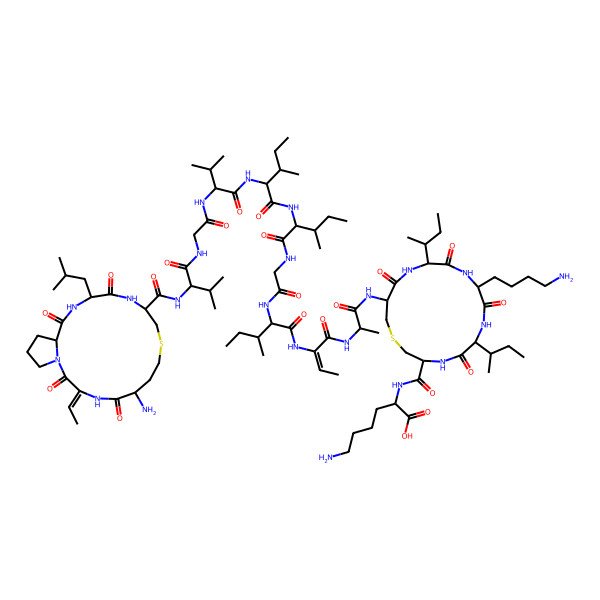2D Structure of 6-Amino-2-[[9-(4-aminobutyl)-15-[2-[2-[[2-[[2-[[2-[[2-[[2-[[2-[[2-[[6-amino-3-ethylidene-14-(2-methylpropyl)-2,5,13,16-tetraoxo-9-thia-1,4,12,15-tetrazabicyclo[15.3.0]icosane-11-carbonyl]amino]-3-methylbutanoyl]amino]acetyl]amino]-3-methylbutanoyl]amino]-3-methylpentanoyl]amino]-3-methylpentanoyl]amino]acetyl]amino]-3-methylpentanoyl]amino]but-2-enoylamino]propanoylamino]-6,12-di(butan-2-yl)-5,8,11,14-tetraoxo-1-thia-4,7,10,13-tetrazacyclohexadecane-3-carbonyl]amino]hexanoic acid