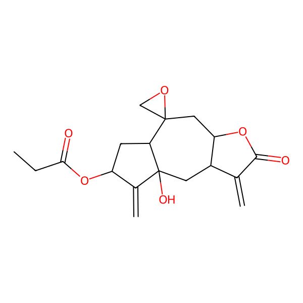 2D Structure of (8a-hydroxy-1,8-dimethylidene-2-oxospiro[4,5a,6,7,9,9a-hexahydro-3aH-azuleno[6,5-b]furan-5,2'-oxirane]-7-yl) propanoate