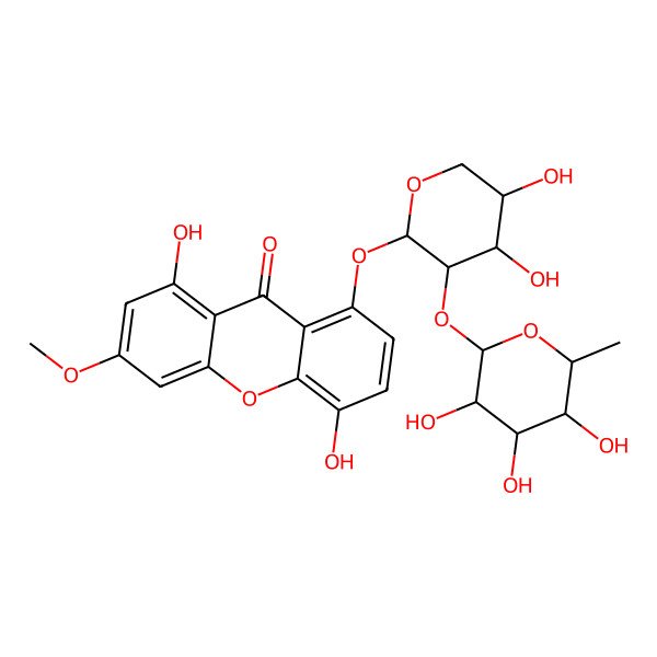 2D Structure of 8-[4,5-Dihydroxy-3-(3,4,5-trihydroxy-6-methyloxan-2-yl)oxyoxan-2-yl]oxy-1,5-dihydroxy-3-methoxyxanthen-9-one
