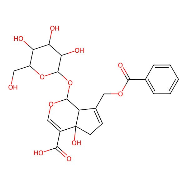 2D Structure of (1S,4aR,7aR)-7-(benzoyloxymethyl)-4a-hydroxy-1-[(2S,3R,4S,5S,6R)-3,4,5-trihydroxy-6-(hydroxymethyl)oxan-2-yl]oxy-5,7a-dihydro-1H-cyclopenta[c]pyran-4-carboxylic acid