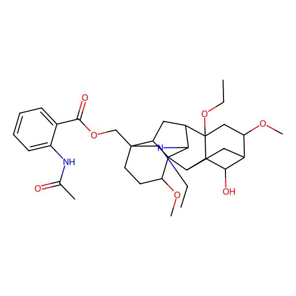 2D Structure of [(1S,2R,3R,4S,5S,6S,8S,9S,10R,13S,16S,17R)-8-ethoxy-11-ethyl-4-hydroxy-6,16-dimethoxy-11-azahexacyclo[7.7.2.12,5.01,10.03,8.013,17]nonadecan-13-yl]methyl 2-acetamidobenzoate