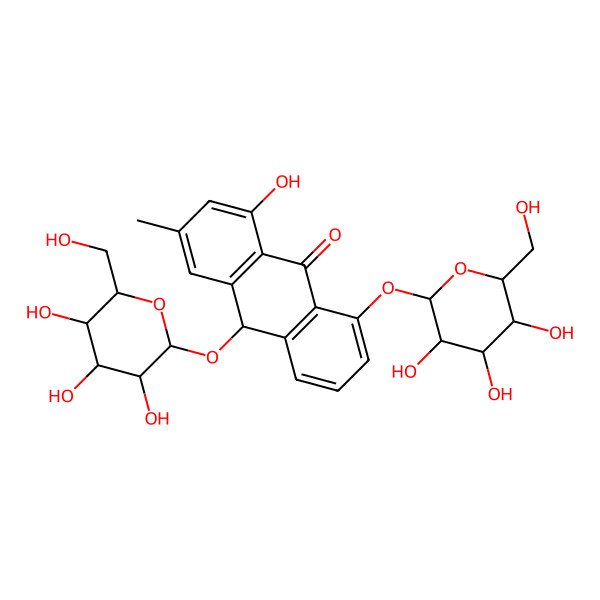 2D Structure of (10R)-1-hydroxy-3-methyl-8,10-bis[[(2S,3R,4S,5S,6R)-3,4,5-trihydroxy-6-(hydroxymethyl)oxan-2-yl]oxy]-10H-anthracen-9-one